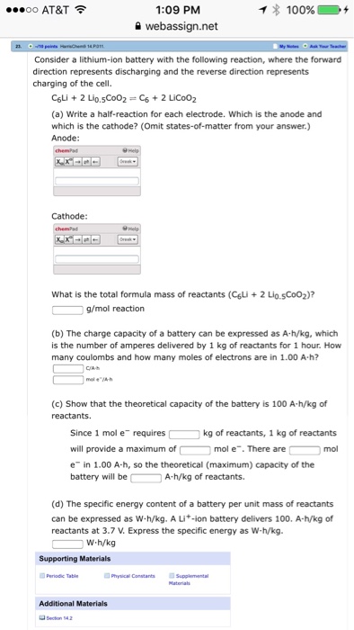 Solved Consider A Lithium-ion Battery With The Following | Chegg.com