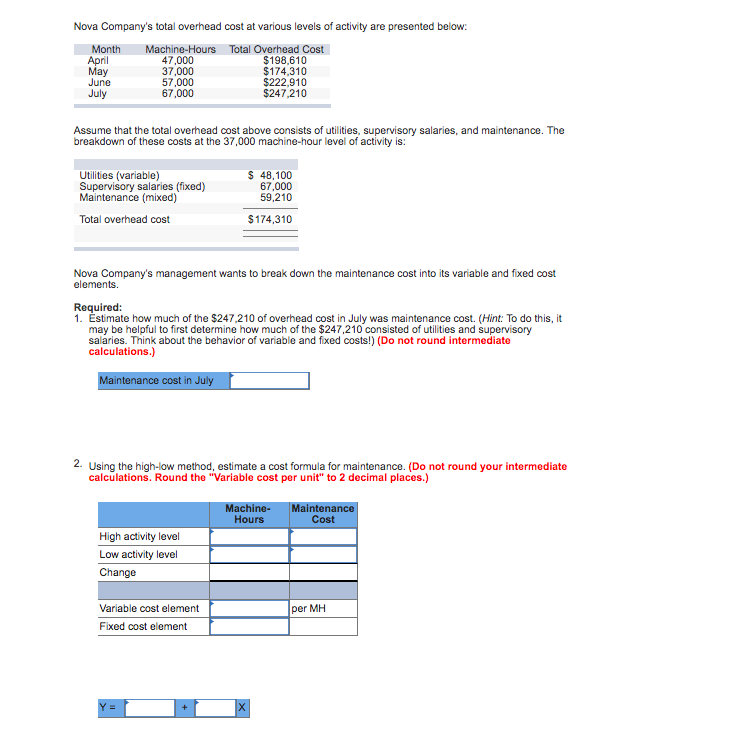 Solved Nova Company's total overhead cost at various levels