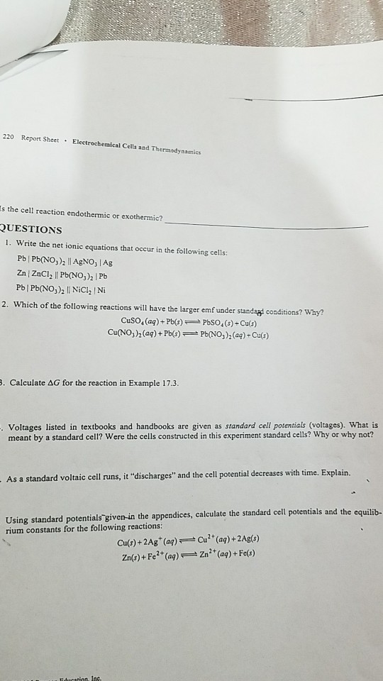 Solved REPORT SHEET EXPERIMENT Electrochemical Cells 17 And | Chegg.com