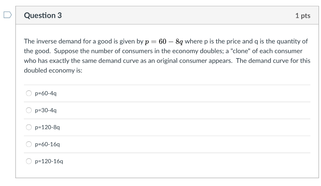 Solved Question 3 1 pts The inverse demand for a good is | Chegg.com
