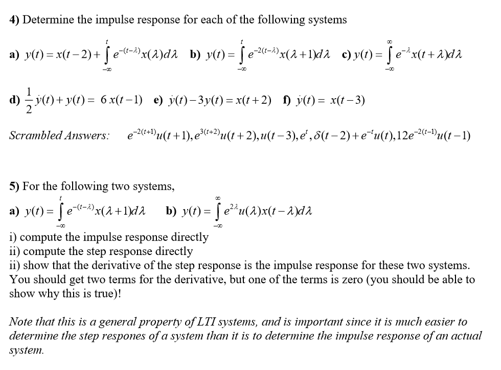 Solved Determine the impulse response for each of the | Chegg.com