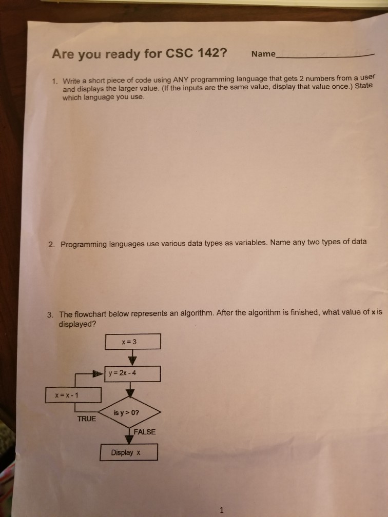 Solved Are you ready for CSC 142? Name_ 1. Write a short | Chegg.com