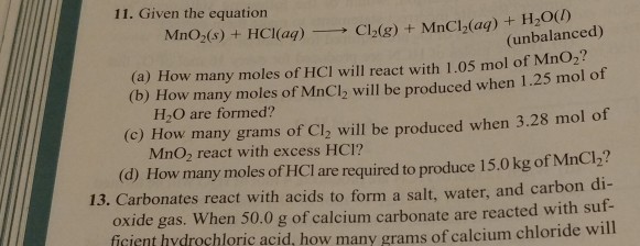 Solved 11. Given the equation Cl(aq)-? C12(g) + MnCl2(aq) + | Chegg.com