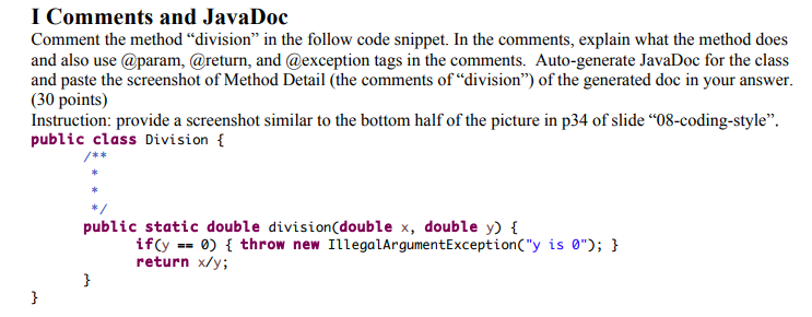 Solved I Comments and JavaDoc Comment the method "division" | Chegg.com