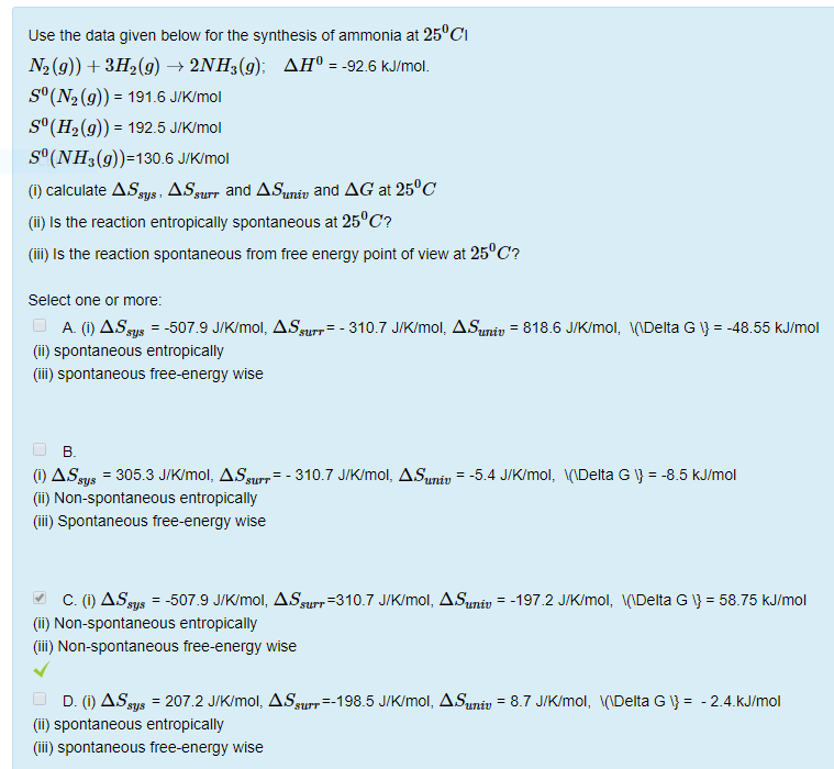 Solved Use the data given below for the synthesis of ammonia | Chegg.com