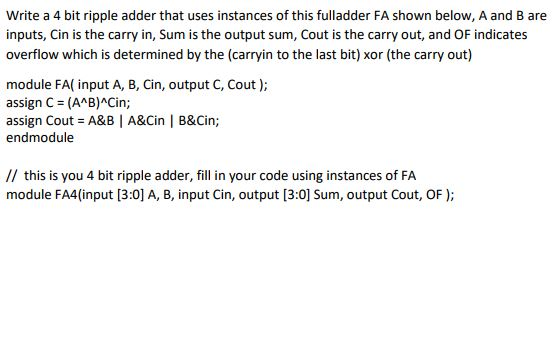 Solved Write a 4 bit ripple adder that uses instances of | Chegg.com