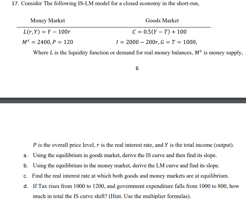 Solved 17. Consider The following IS-LM model for a closed | Chegg.com