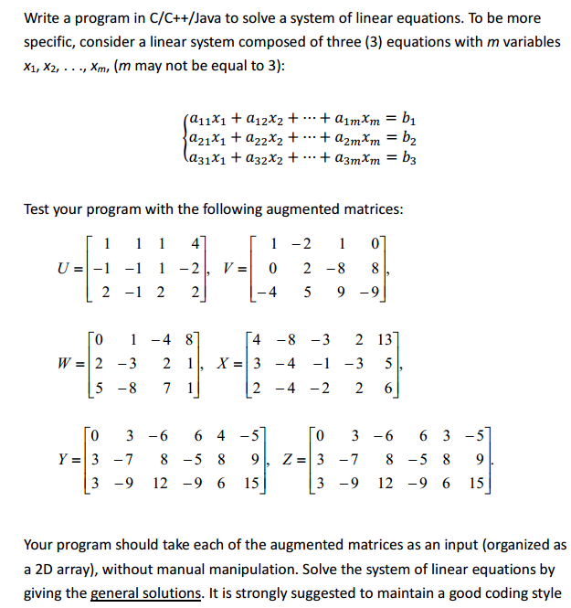 Write a program in C/C++/Java to solve a system of | Chegg.com