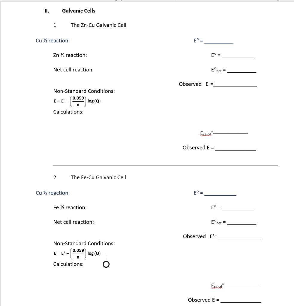 Solved The ZnCu Galvanic Cell Cu 1/2 reaction E degree =