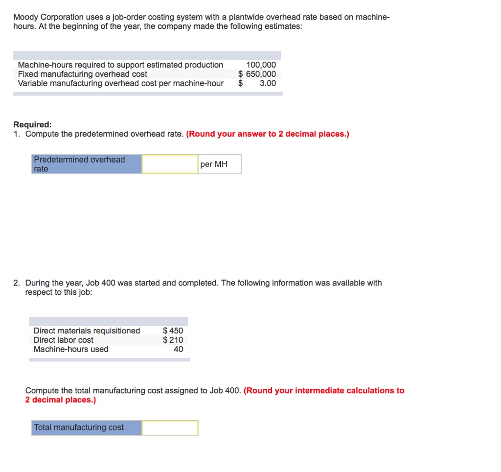 Solved Moody Corporation uses a joborder costing system