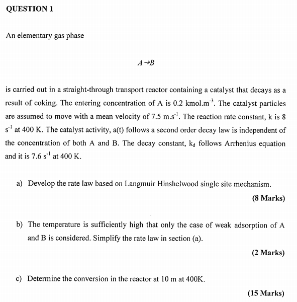 Solved QUESTION 1 An elementary gas phase A- B is carried | Chegg.com