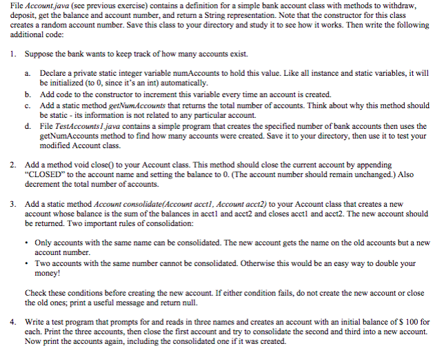 Solved File Account.java (see previous exercise) contains a | Chegg.com