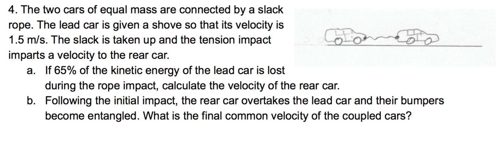 Solved The Two Cars Of Equal Mass Are Connected By A Slack Chegg Com