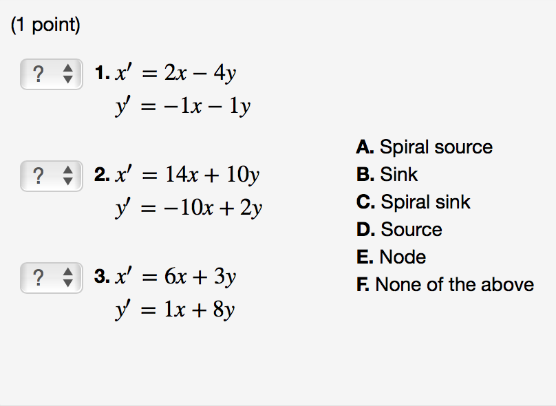 Solved (1 point) A. Spiral source B. Sink C. Spiral sink D. | Chegg.com