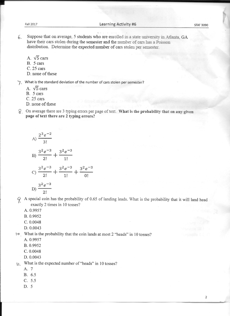 Solved Fall 2017 Learning Activity #6 STAT 3090 6. Suppose | Chegg.com