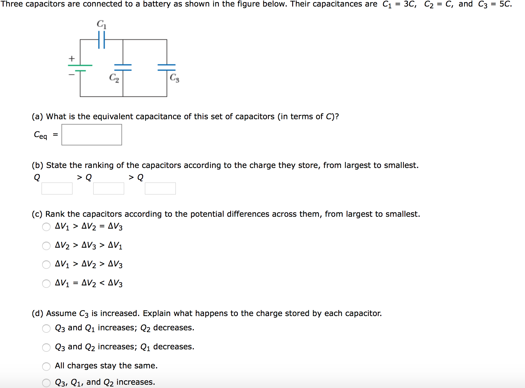 Solved Three Capacitors Are Connected To A Battery As Shown | Chegg.com