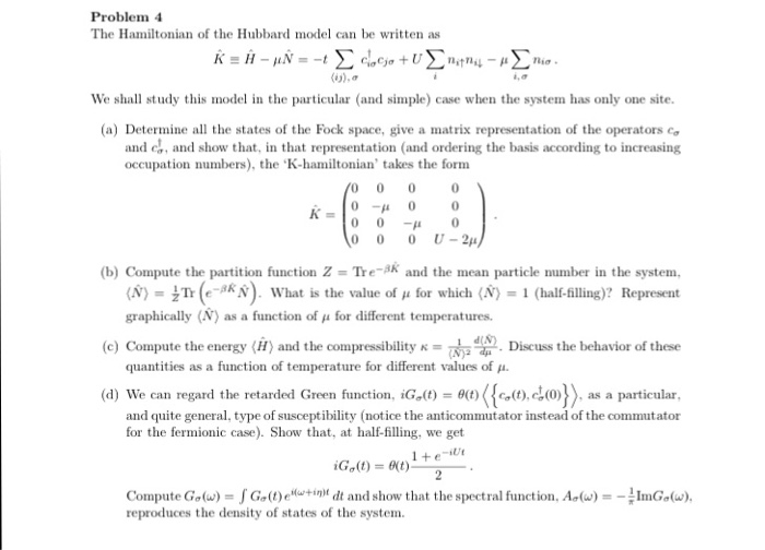 The Hamiltonian Of The Hubbard Model Canbe Written As | Chegg.com