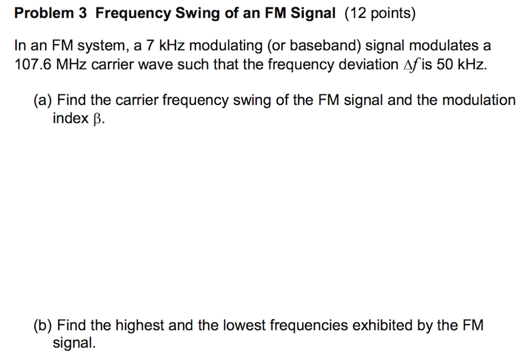 Solved Problem 3 Frequency Swing of an FM Signal (12 points) | Chegg.com