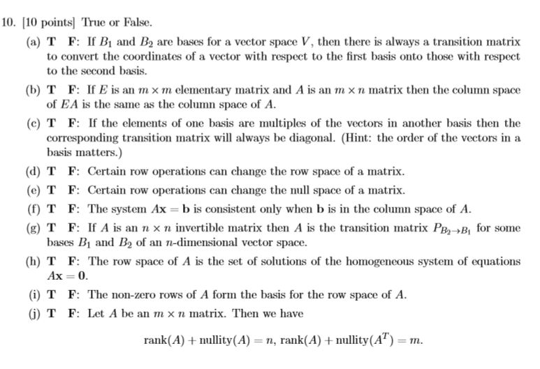 Solved Linear Algebra: True or False ( No need for | Chegg.com