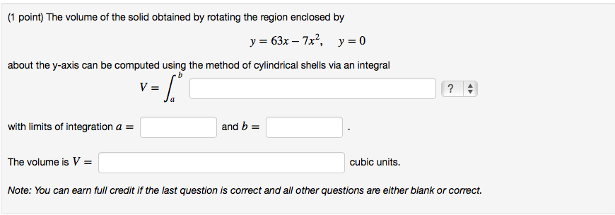 Solved (1 point) The volume of the solid obtained by | Chegg.com