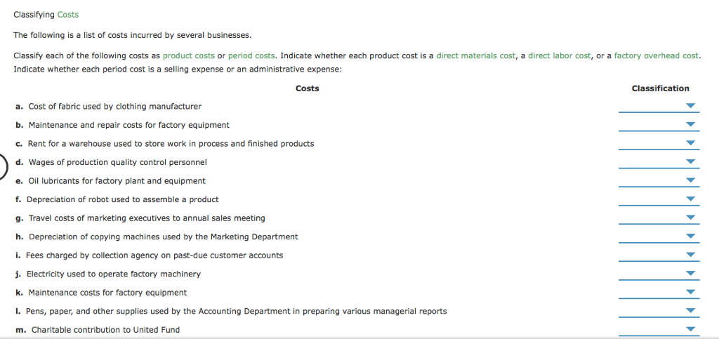 Solved Classifying Costs The Following Is A List Of Costs