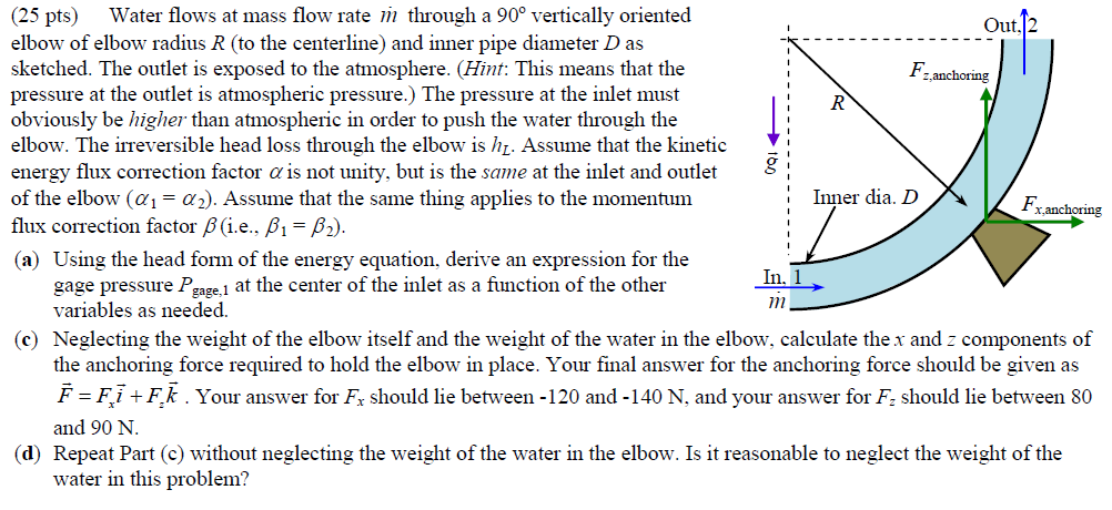 Solved Water flows at mass flow rate m through a 90 degree | Chegg.com