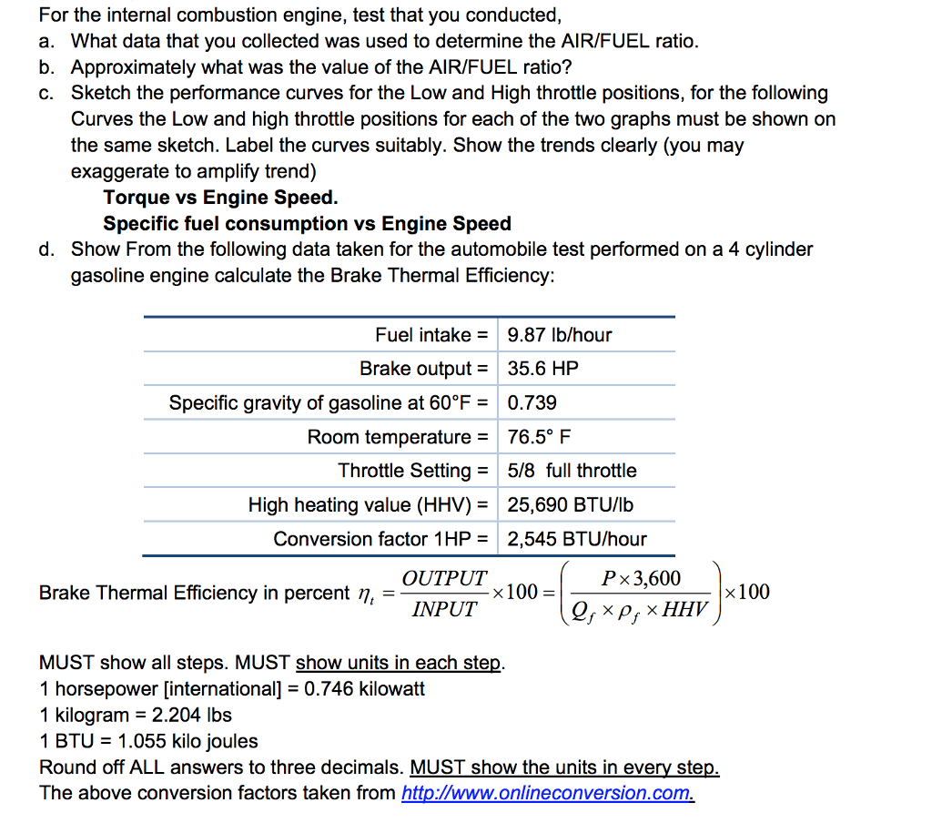 Solved For the internal combustion engine, test that you