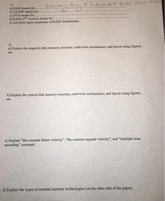Solved a) RAID stands for b) CD-RW stands for c) DVD stands | Chegg.com