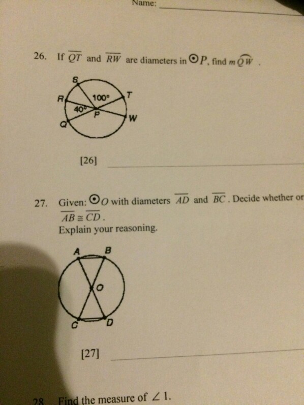 Solved Name 26. If QT and RW are diameters in point,P find m | Chegg.com