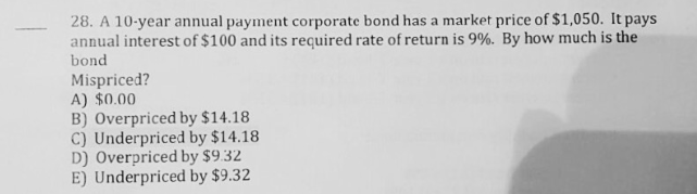 Solved 28. A 10 year annual payment corporate bond has a Chegg