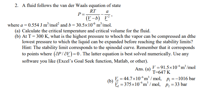 Solved 2. A fluid follows the van der Waals equation of | Chegg.com