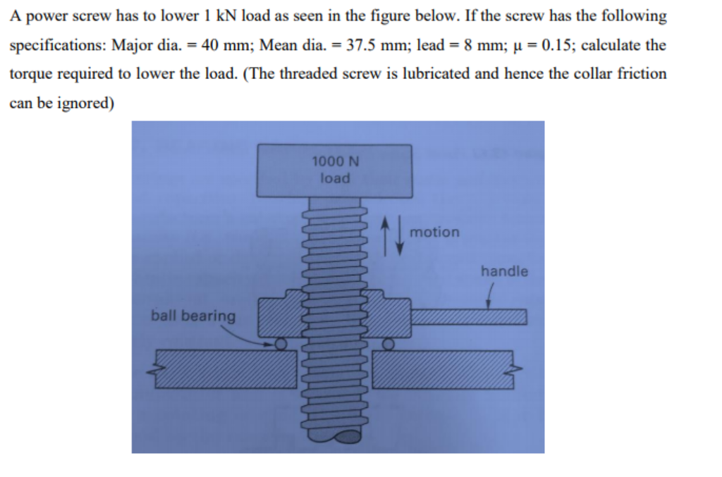 Solved A power screw has to lower 1 kN load as seen in the