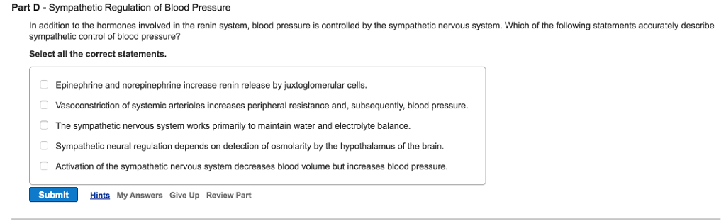 Solved Part D Sympathetic Regulation of Blood Pressure In | Chegg.com