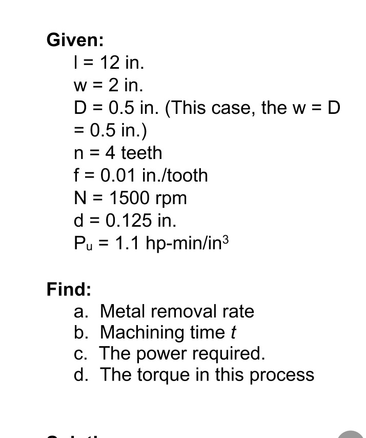 Solved I. A slab milling operation will take place on a part