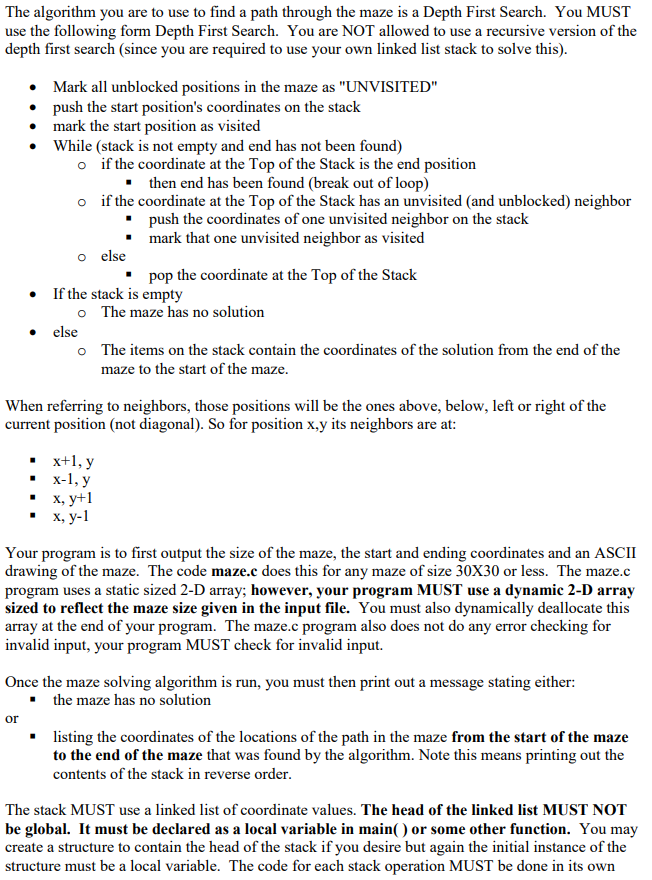 Solved Maze Solving For This Project Write A C Program That Chegg