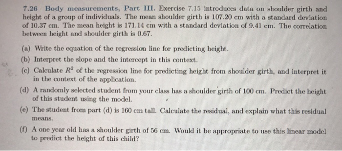 Solved 7.26 Body measurements, Part III. Exercise 7.15 | Chegg.com