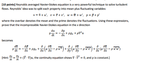 Solved [10 points] Reynolds averaged Navier-Stokes equation | Chegg.com