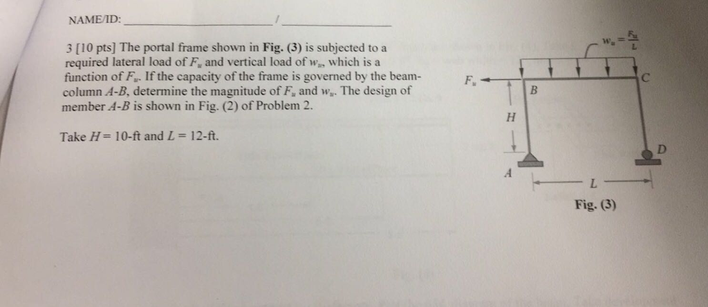 Solved NAME/ID 3 [10 pts] The portal frame shown in Fig. (3) | Chegg.com