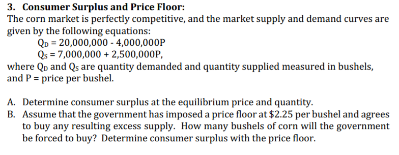 Solved 3. Consumer Surplus and Price Floor: The corn market | Chegg.com