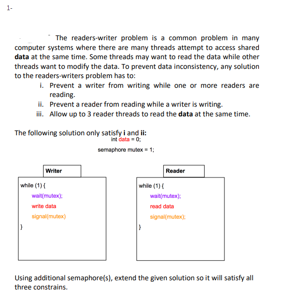 Solved 1- The readers-writer problem is a common problem in | Chegg.com