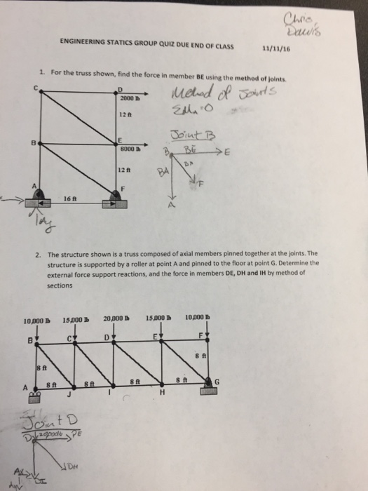 Solved For the truss shown, find the force in member BE | Chegg.com