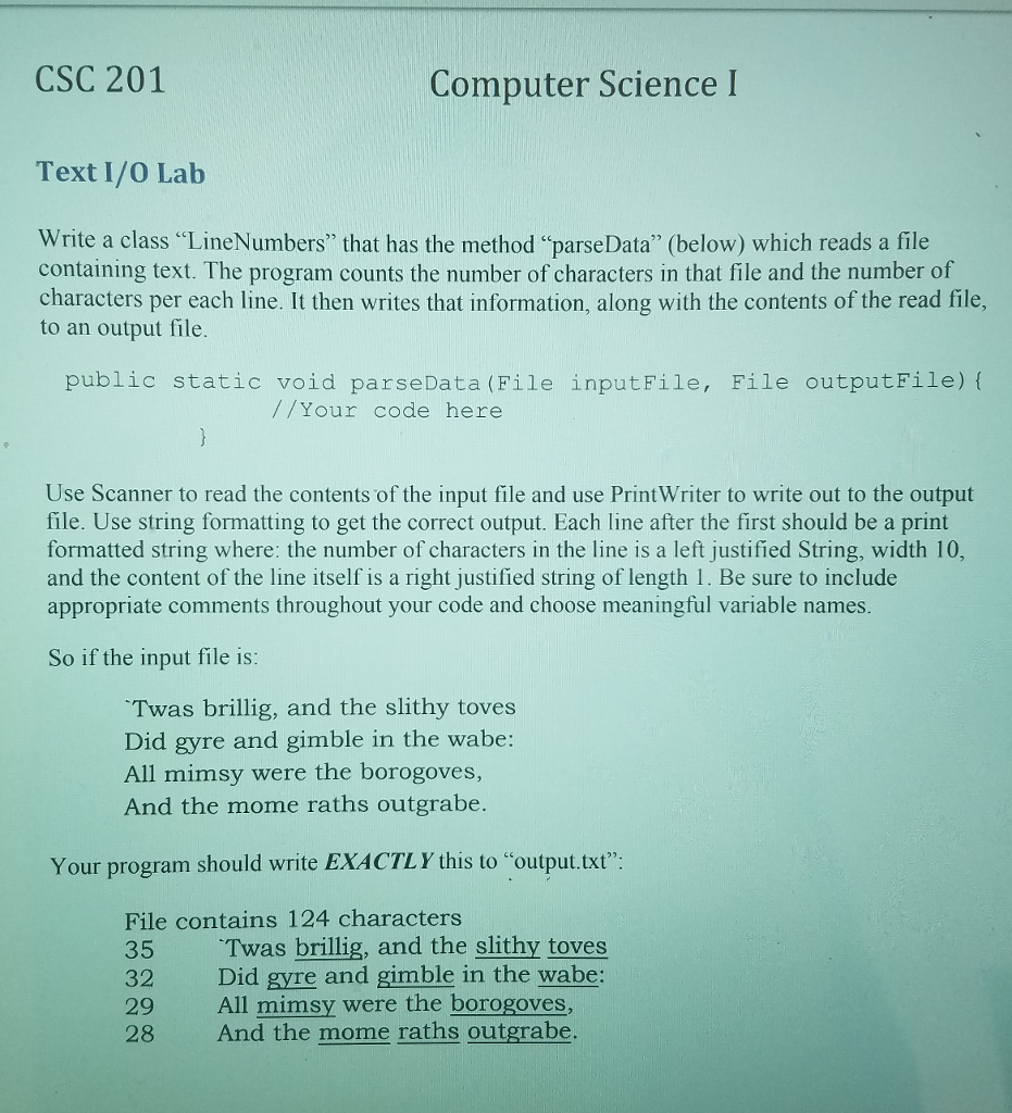 Solved CSC 201 Computer Science I Text I/O Lab Write a class | Chegg.com