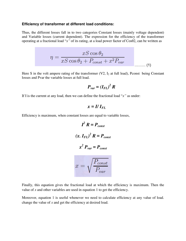 Solved Efficiency of transformer at different load