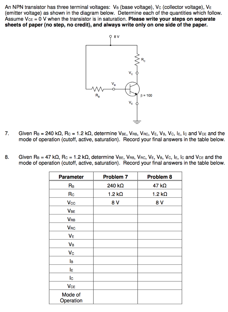 Solved An NPN transistor has three terminal voltages Ve
