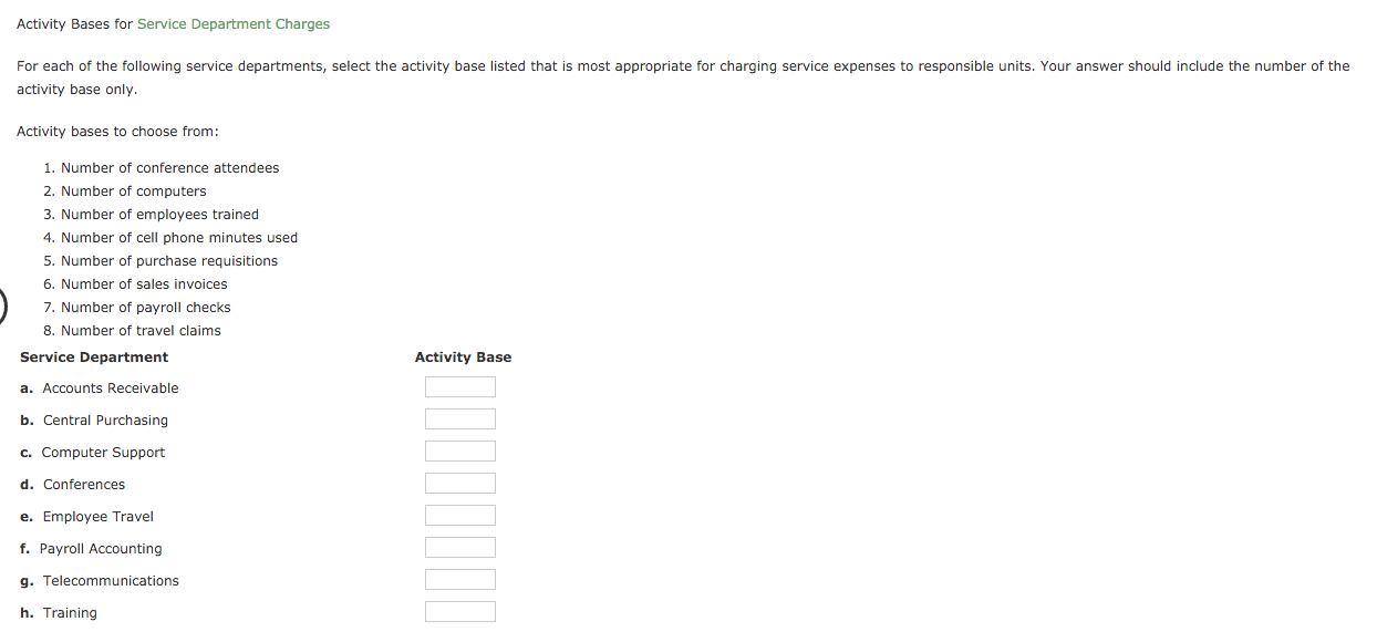 Solved For each of the following service departments, select | Chegg.com