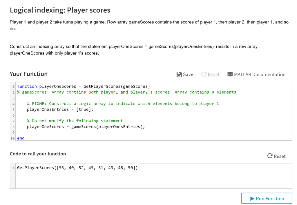 Solved Logical indexing Player scores Player 1 and player 2