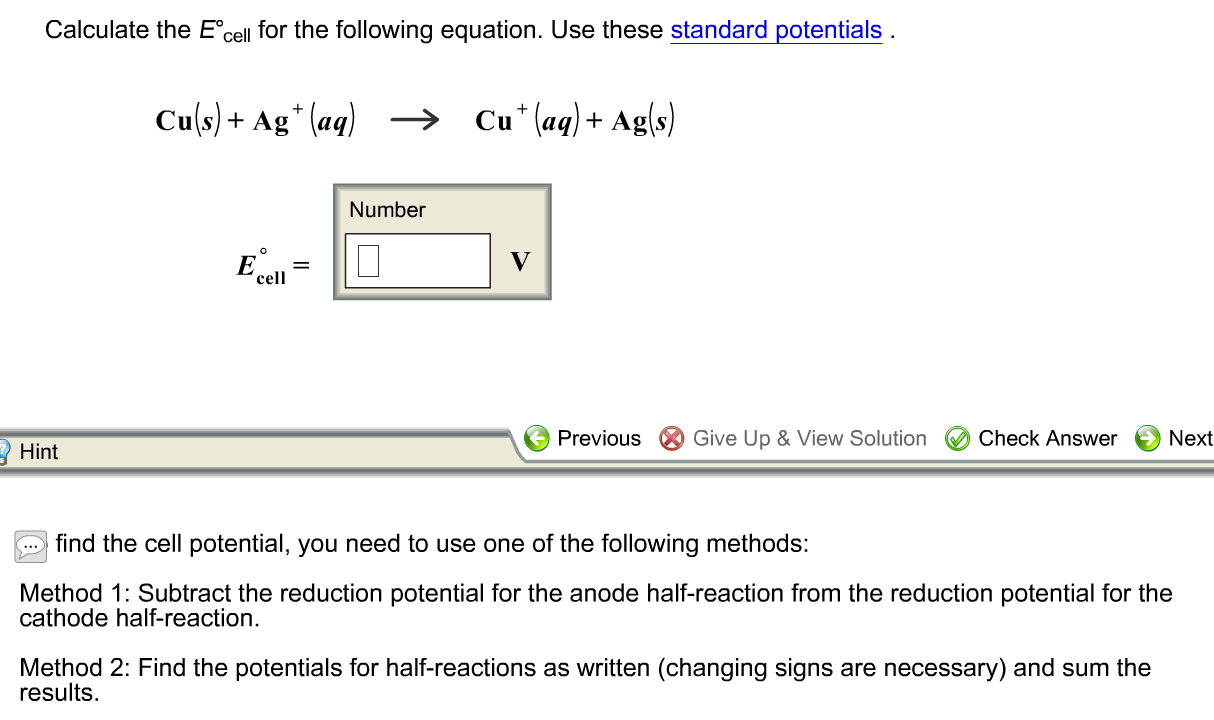 Solved Calculate the E°cell for the following equation. Use
