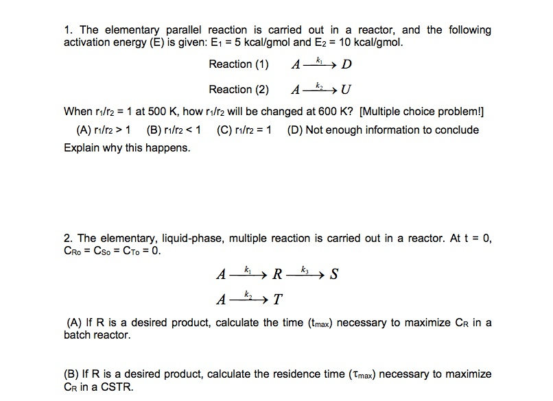 The Elementary Parallel Reaction Is Carried Out In A | Chegg.com