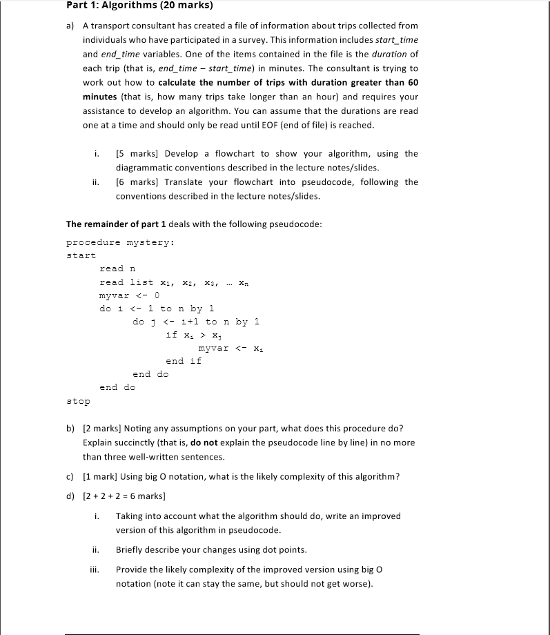 Part 1: Algorithms (20 marks) A transport consultant | Chegg.com