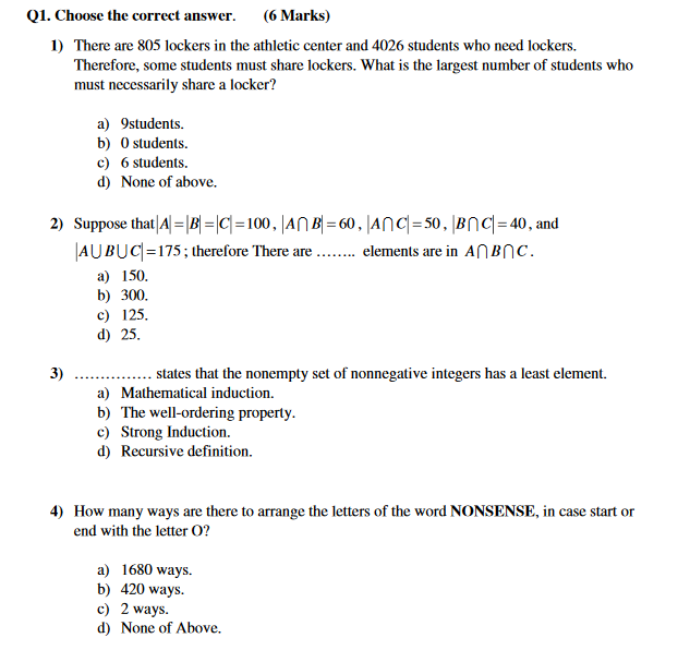 Solved Q1. Choose the correct answer. (6 Marks) 1) There are | Chegg.com